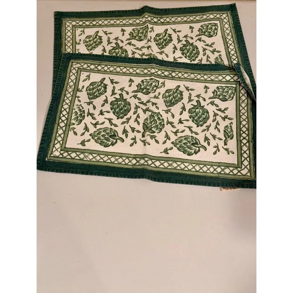 Lot of 2 Pomegranate Lexington‎ KY Artichoke Placemats Block Print 13x19 Cottage